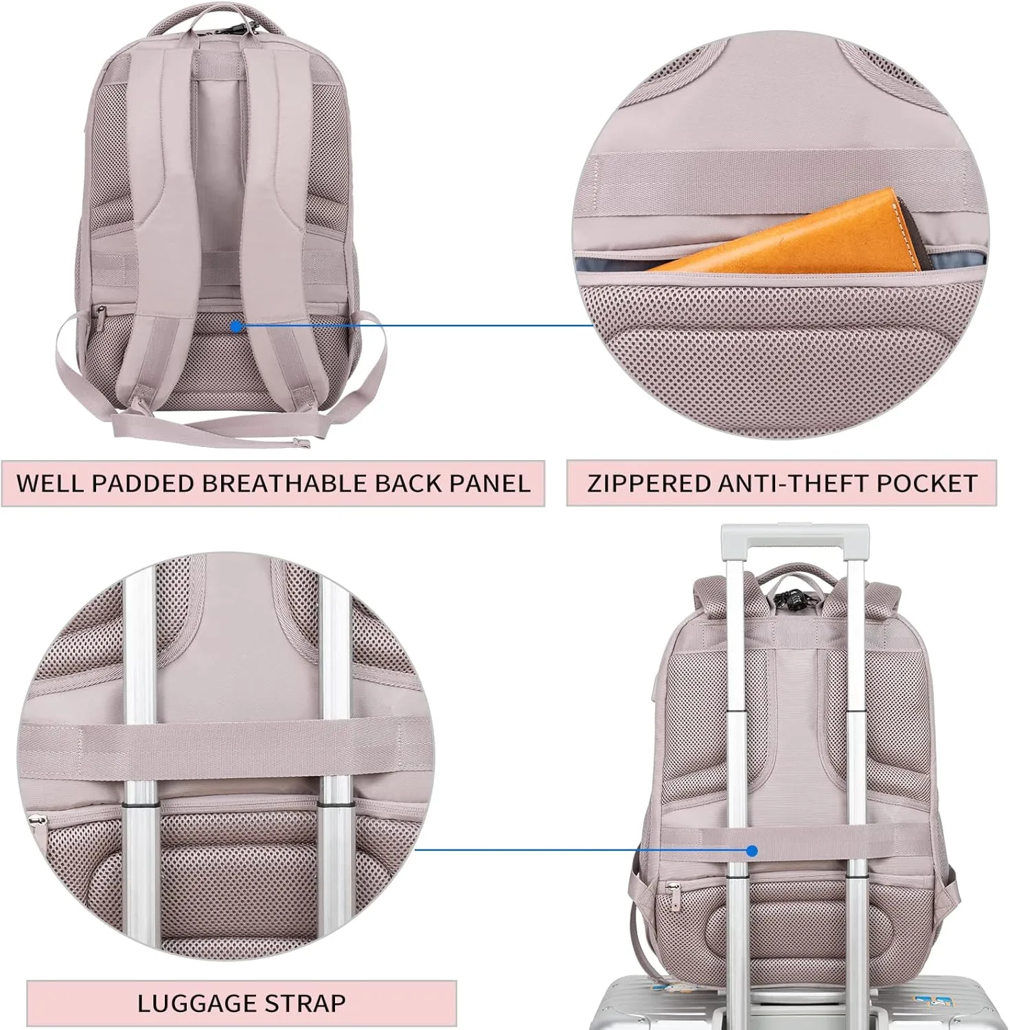 KROSER Travel Laptop Backpack 17 Inch Large Computer Backpack Water-Repellent Daypack with USB Charging Port & Headphone Interface RFID Pockets for Work/Business/College/Men/Women Dusty Pink(Quilted)