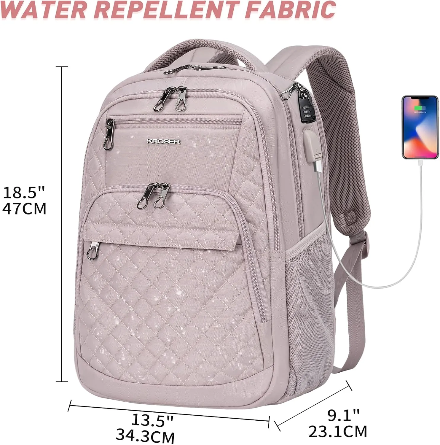 KROSER Travel Laptop Backpack 17 Inch Large Computer Backpack Water-Repellent Daypack with USB Charging Port & Headphone Interface RFID Pockets for Work/Business/College/Men/Women Dusty Pink(Quilted)