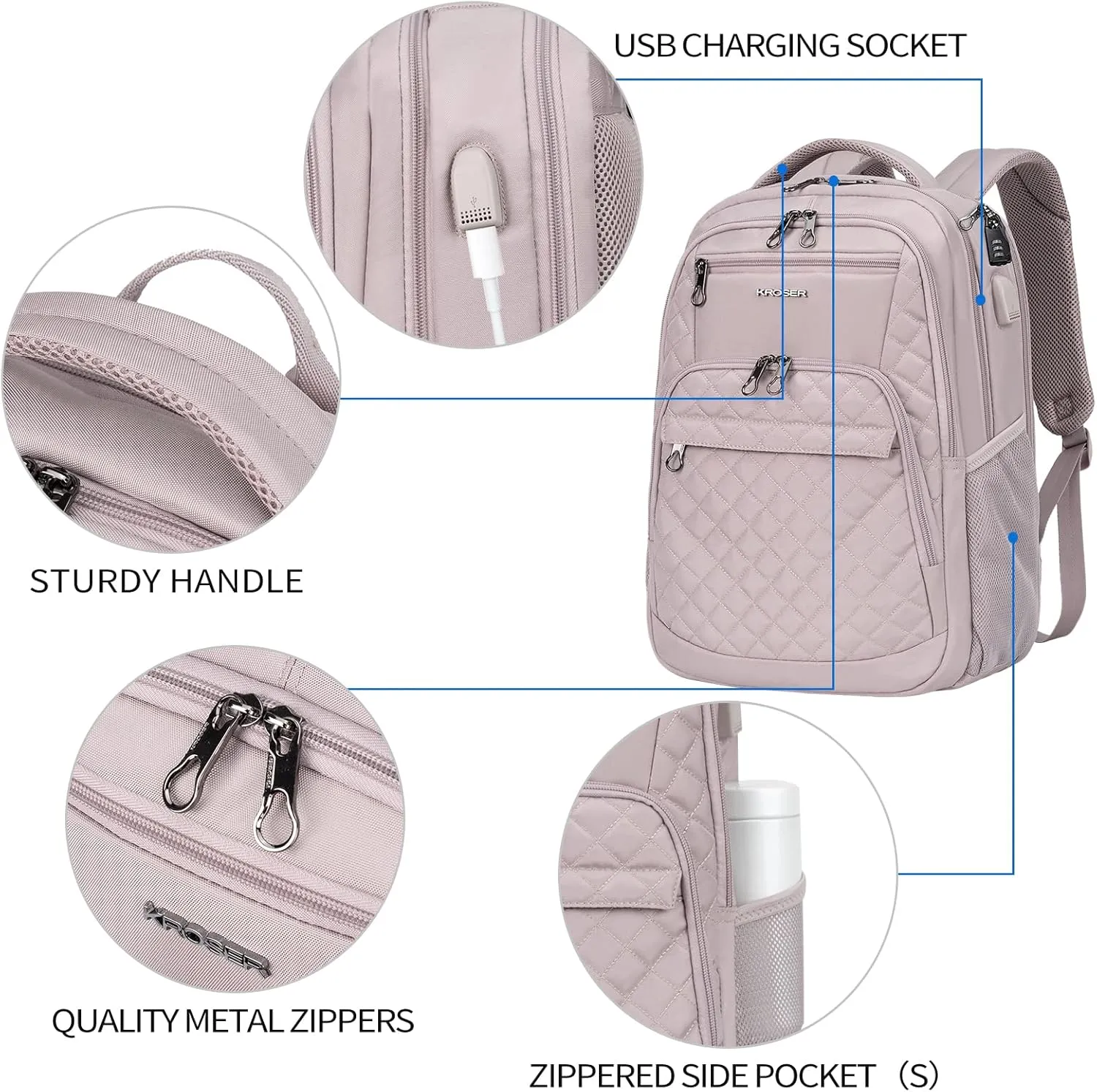 KROSER Travel Laptop Backpack 17 Inch Large Computer Backpack Water-Repellent Daypack with USB Charging Port & Headphone Interface RFID Pockets for Work/Business/College/Men/Women Dusty Pink(Quilted)