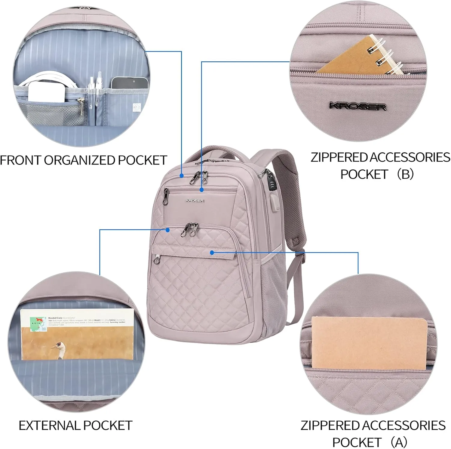 KROSER Travel Laptop Backpack 17 Inch Large Computer Backpack Water-Repellent Daypack with USB Charging Port & Headphone Interface RFID Pockets for Work/Business/College/Men/Women Dusty Pink(Quilted)