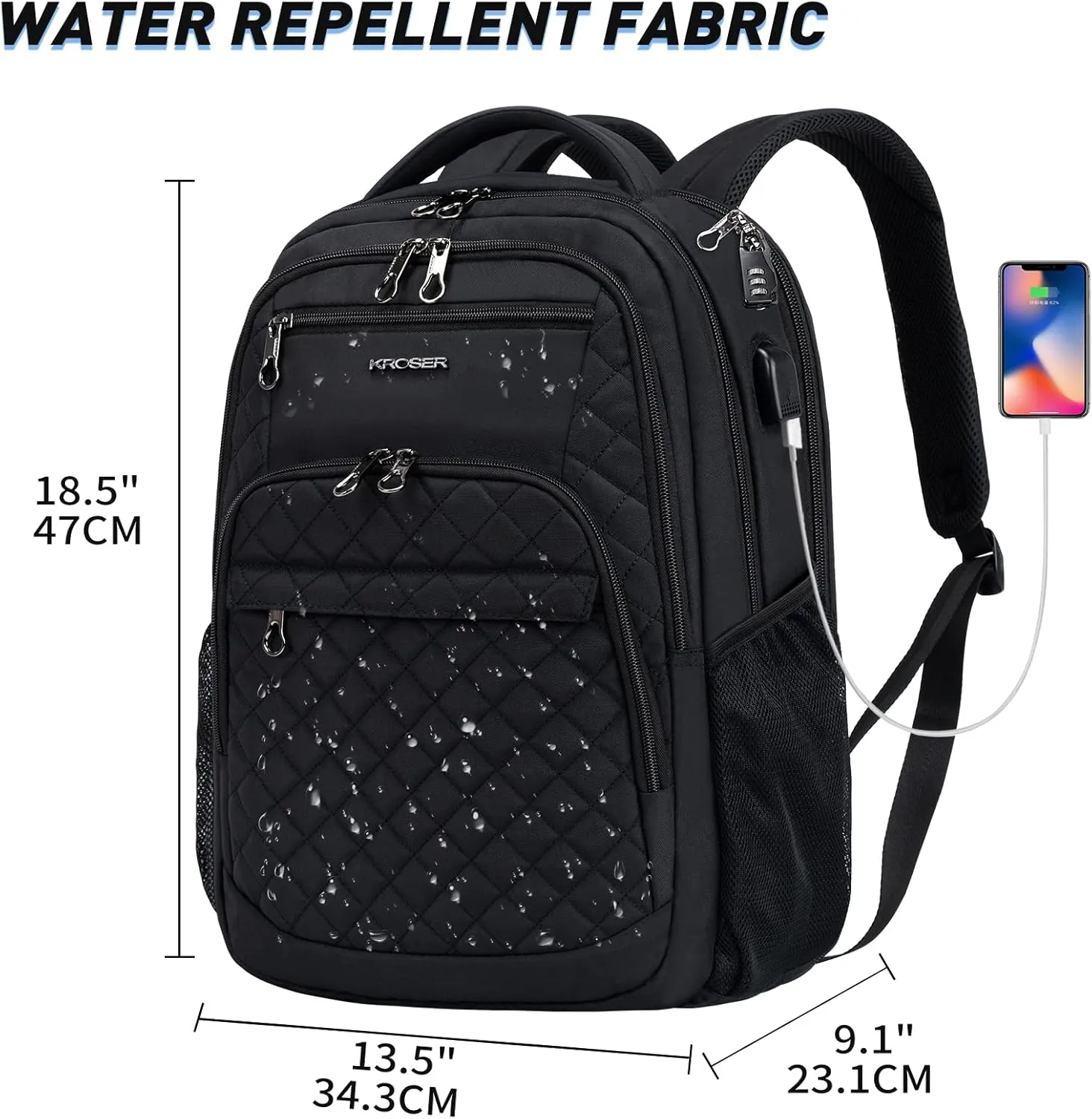 KROSER Travel Laptop Backpack 17 Inch Large Computer Backpack Water-Repellent Daypack with USB Charging Port RFID Pockets for Work/Business/College/Men/Women(Quilted)