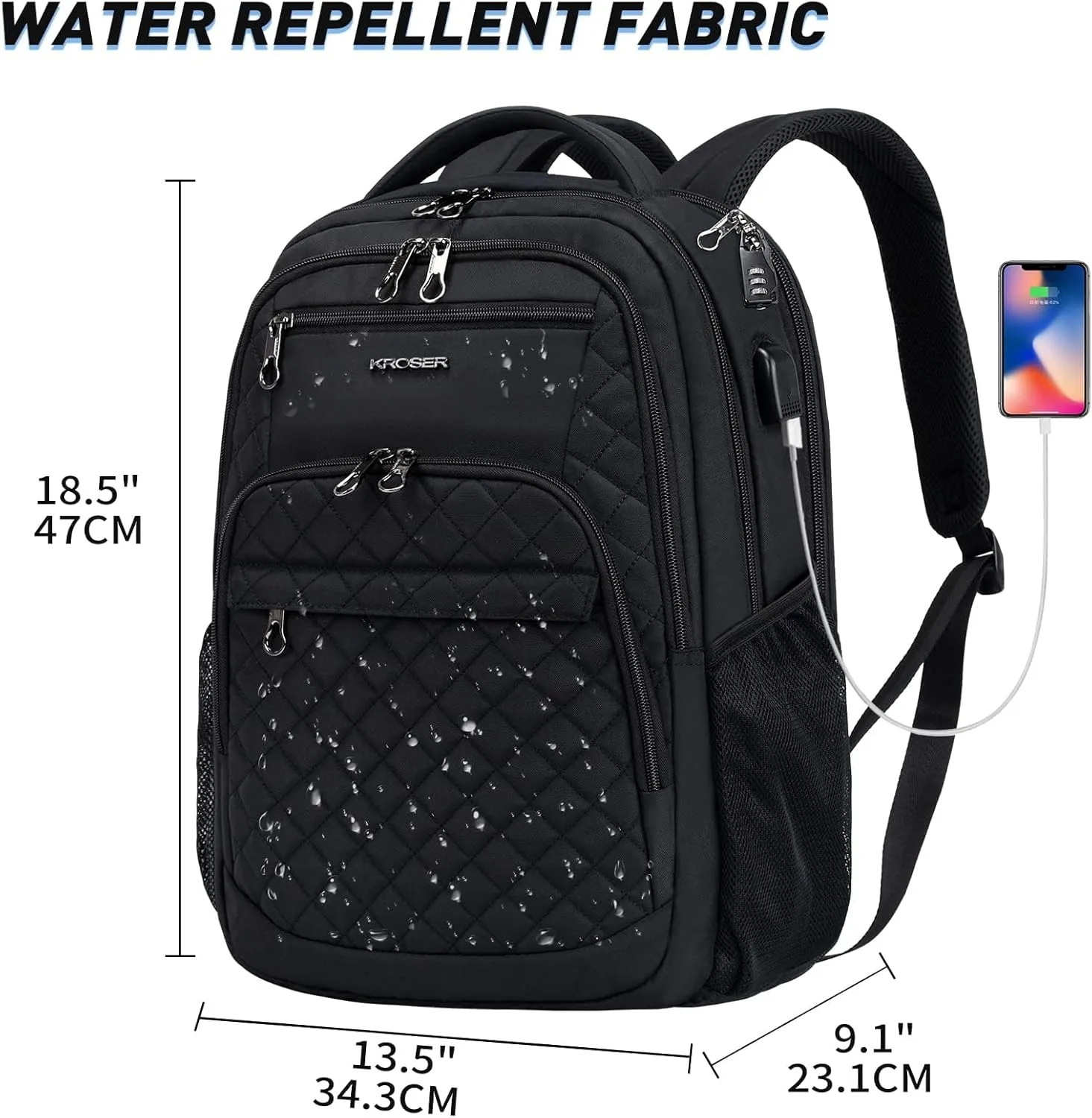 KROSER Travel Laptop Backpack 17 Inch Large Computer Backpack Water-Repellent Daypack with USB Charging Port RFID Pockets for Work/Business/College/Men/Women(Quilted)