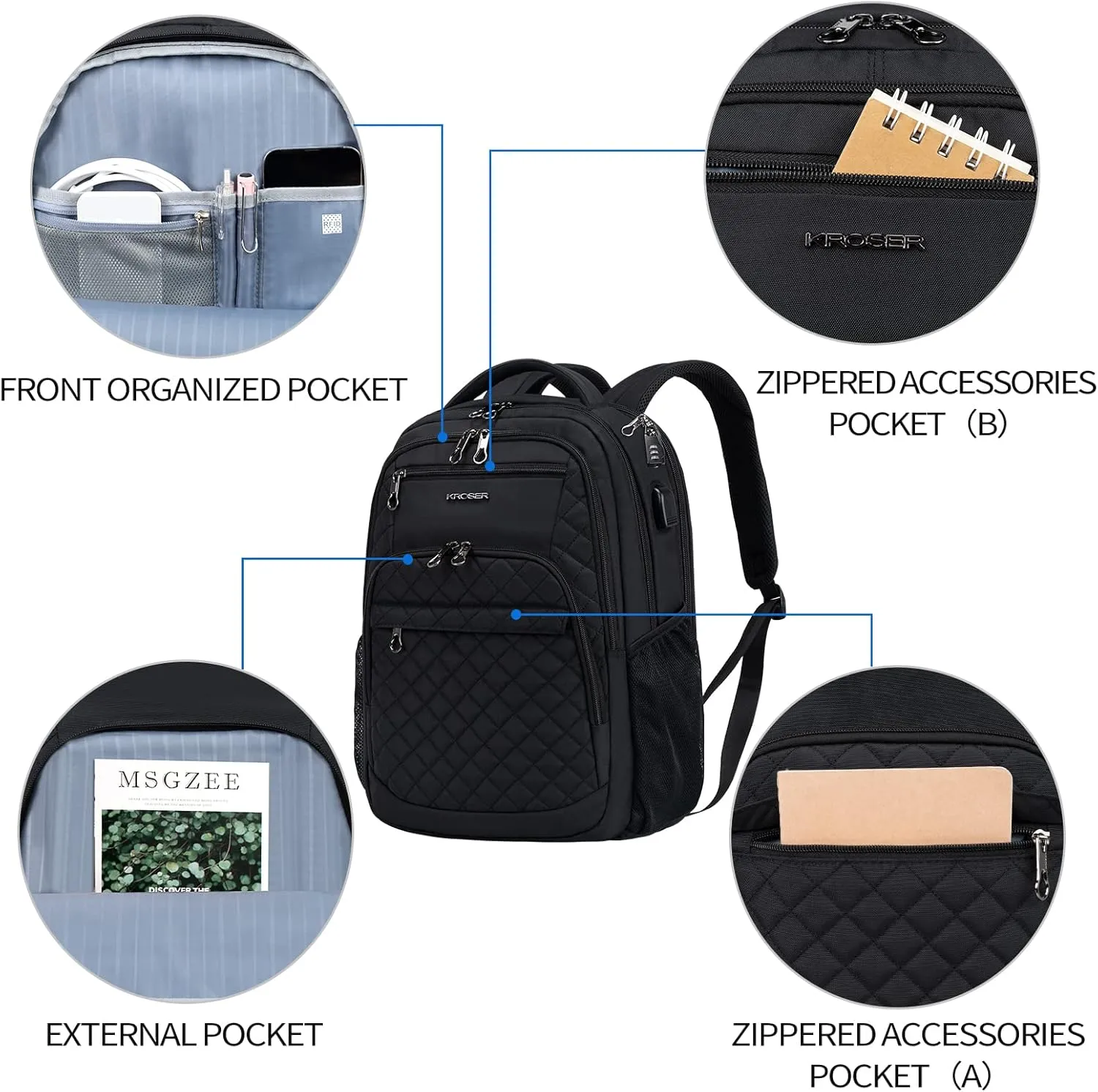 KROSER Travel Laptop Backpack 17 Inch Large Computer Backpack Water-Repellent Daypack with USB Charging Port RFID Pockets for Work/Business/College/Men/Women(Quilted)