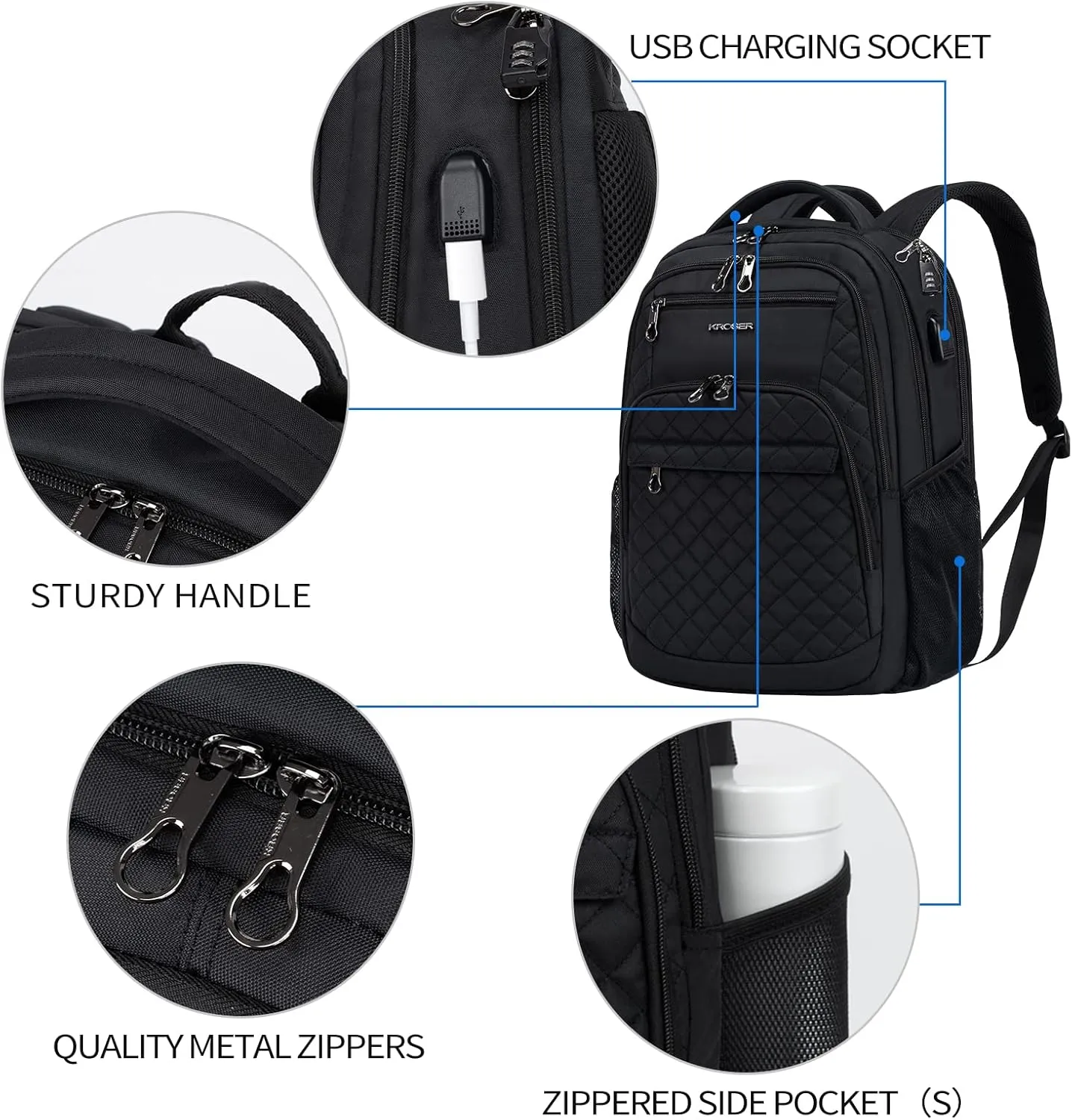 KROSER Travel Laptop Backpack 17 Inch Large Computer Backpack Water-Repellent Daypack with USB Charging Port RFID Pockets for Work/Business/College/Men/Women(Quilted)