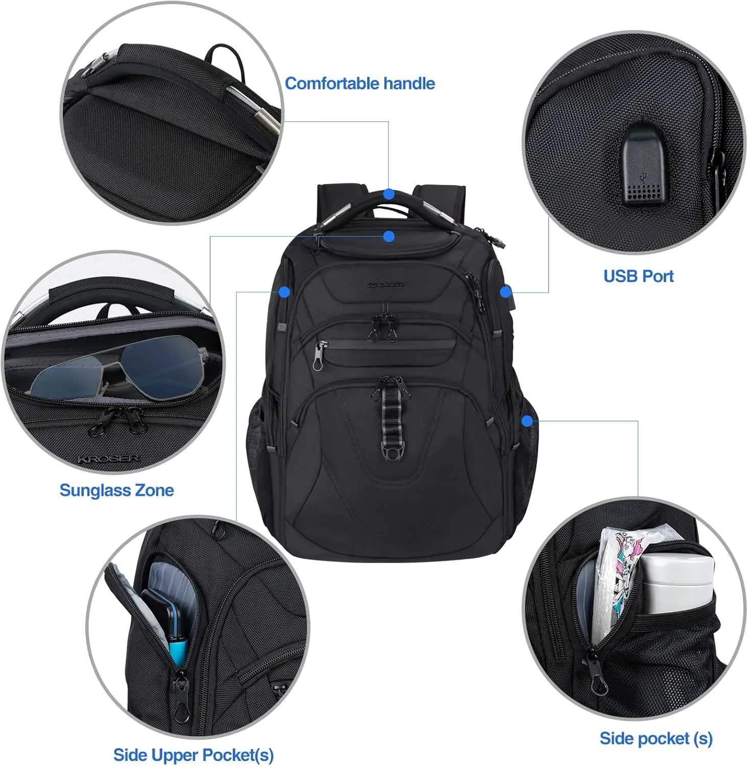 KROSER TSA Friendly Travel Laptop Backpack 18.4 inch XXXL Gaming Backpack Water-Repellent College Daypack Business Backpack with RFID Pockets & USB Port for Men/Women-Black