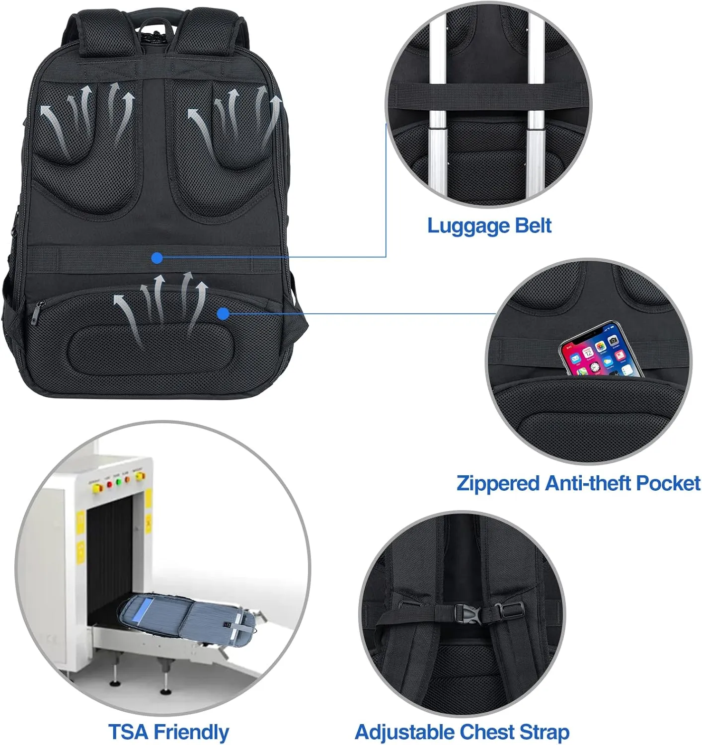 KROSER TSA Friendly Travel Laptop Backpack 18.4 inch XXXL Gaming Backpack Water-Repellent College Daypack Business Backpack with RFID Pockets & USB Port for Men/Women-Black