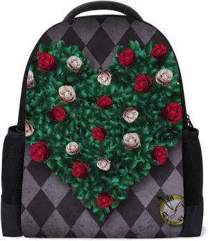 Kuizee Classic Backpack Adjustable Padded Shoulder Straps Daypack ﻿Alice Wonderland Heart Lawn Roses Grey Diamond Book Bag Casual Bags Durable College School Daily 16Inch