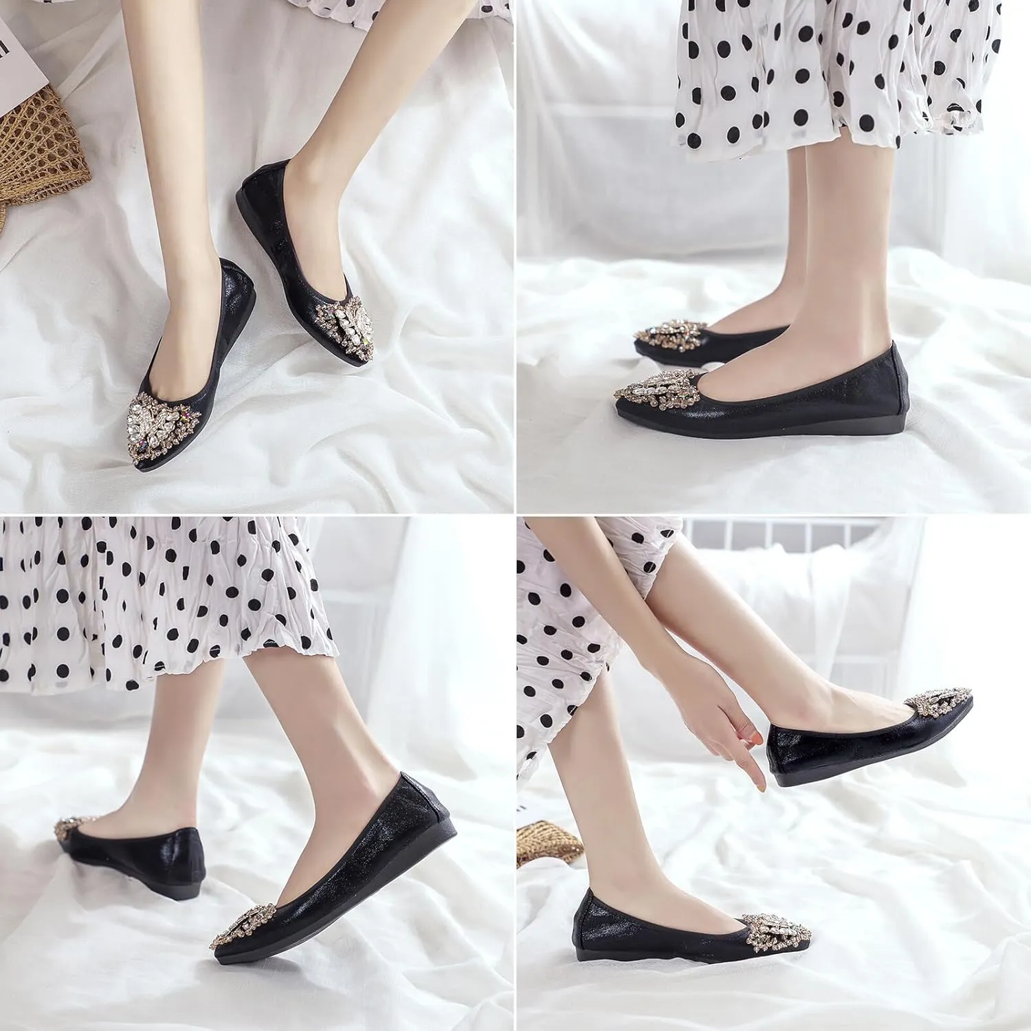KUNWFNIX Women Ballet Flats Rhinestone Wedding Ballerina Shoes Foldable Sparkly Comfort Slip on Flat Shoes