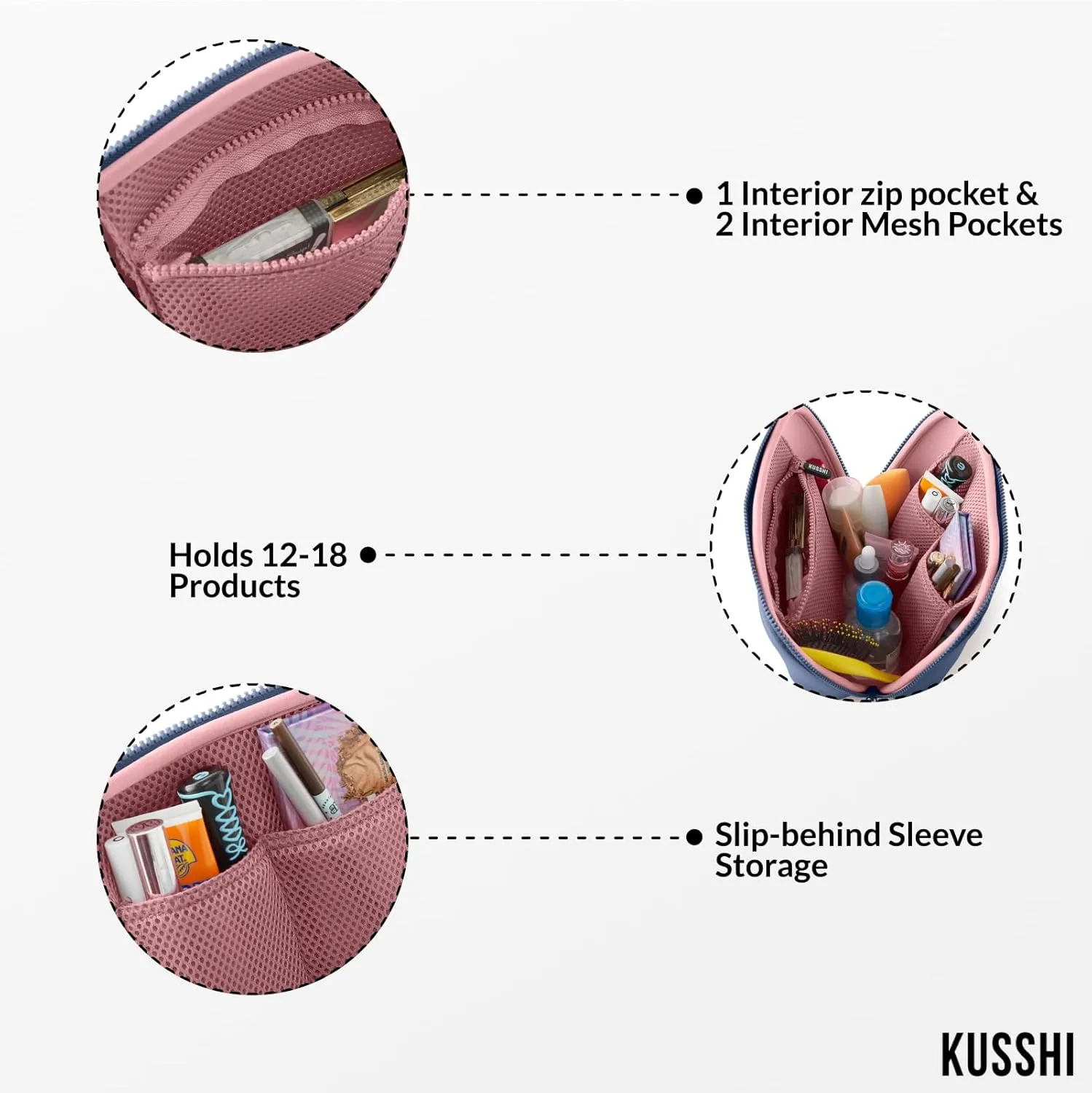 KUSSHI Neoprene Makeup Bag - Washable Makeup Bag for Stress Free Travel (Pearl Blue/Sand Pink)