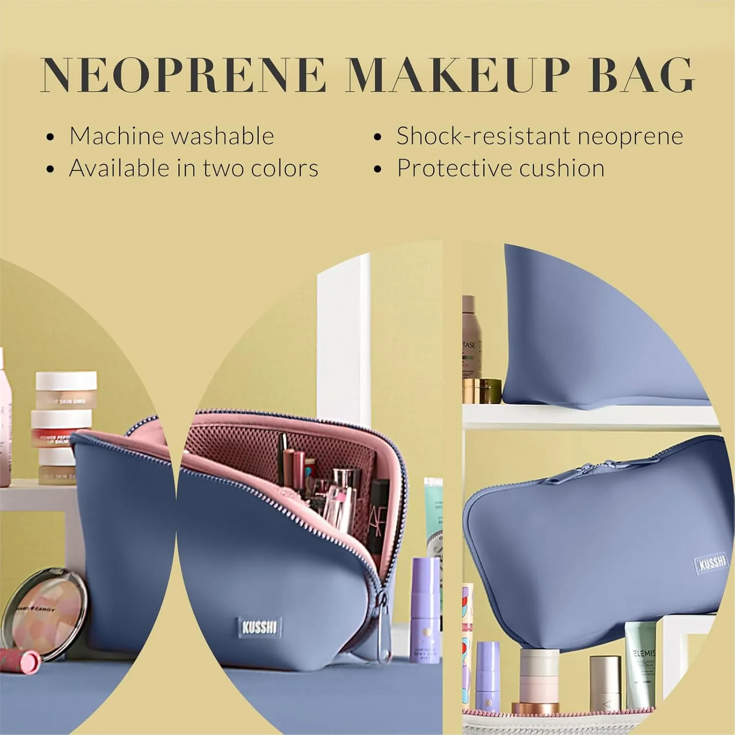 KUSSHI Neoprene Makeup Bag - Washable Makeup Bag for Stress Free Travel (Pearl Blue/Sand Pink)