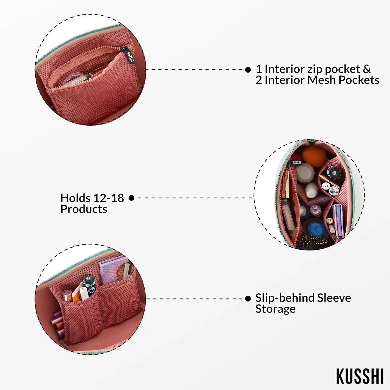 KUSSHI Neoprene Makeup Bag - Washable Makeup Bag for Stress Free Travel (Sage/Coral Rose)