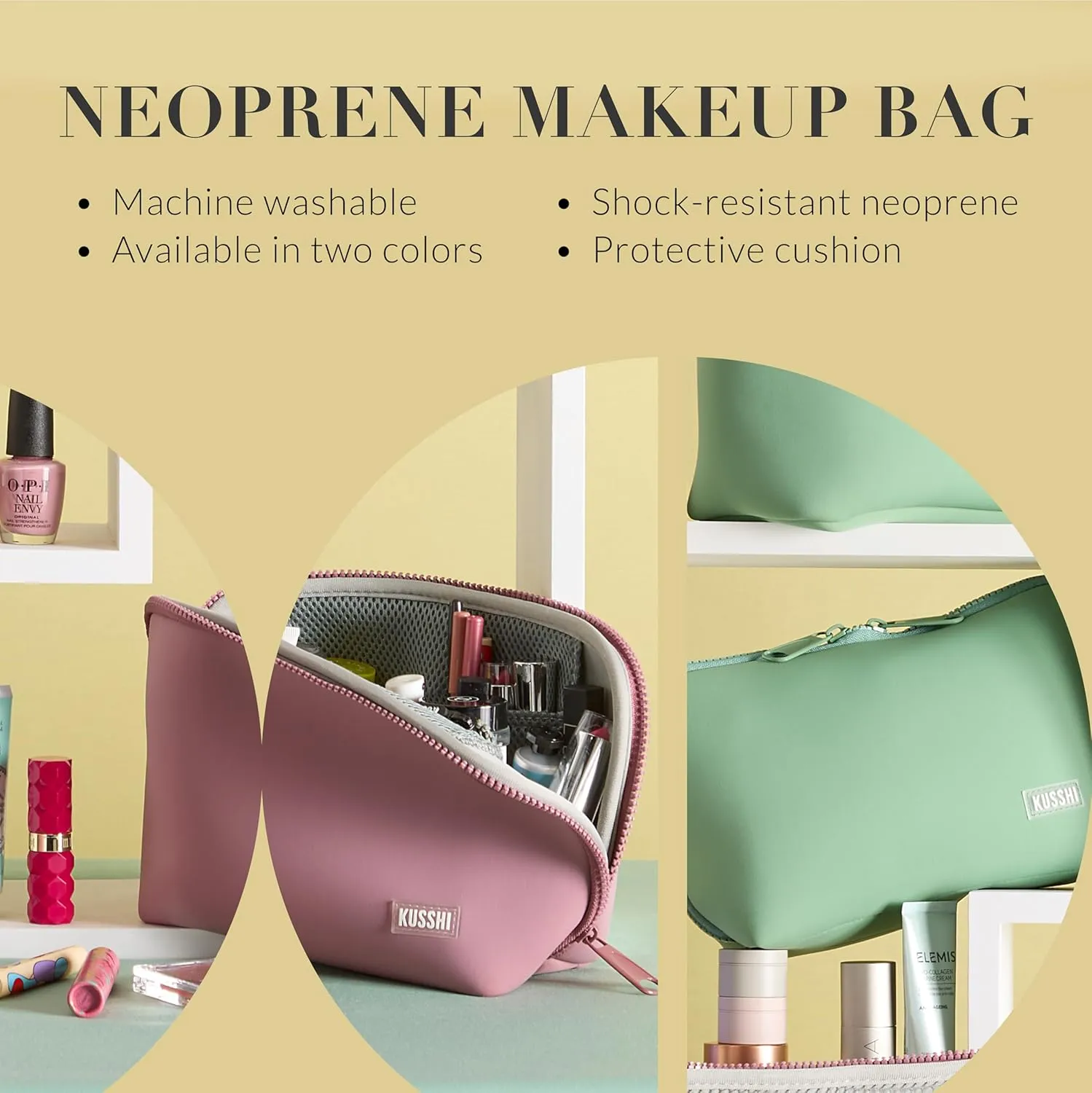 KUSSHI Neoprene Makeup Bag - Washable Makeup Bag for Stress Free Travel (Sage/Coral Rose)