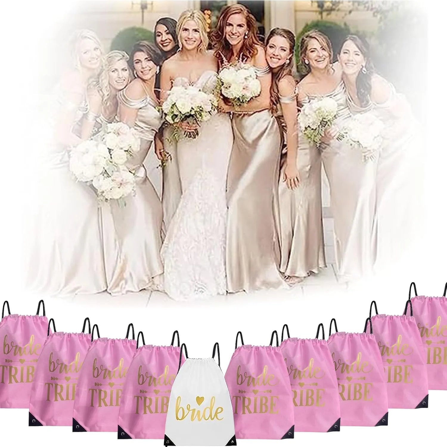 Lady & Home 10 Pieces Bridesmaid Drawstring Bag, Bride Squad Drawstring Bag for Bachelorette Party Gift(Pink)