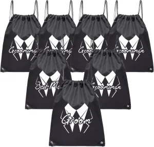 LADY&HOME 7 Pack Groomsman Proposal bags, Groom Crew Bag Set, Groomsmen Drawstring Bag for Bachelor Party(Suit Squiggle)