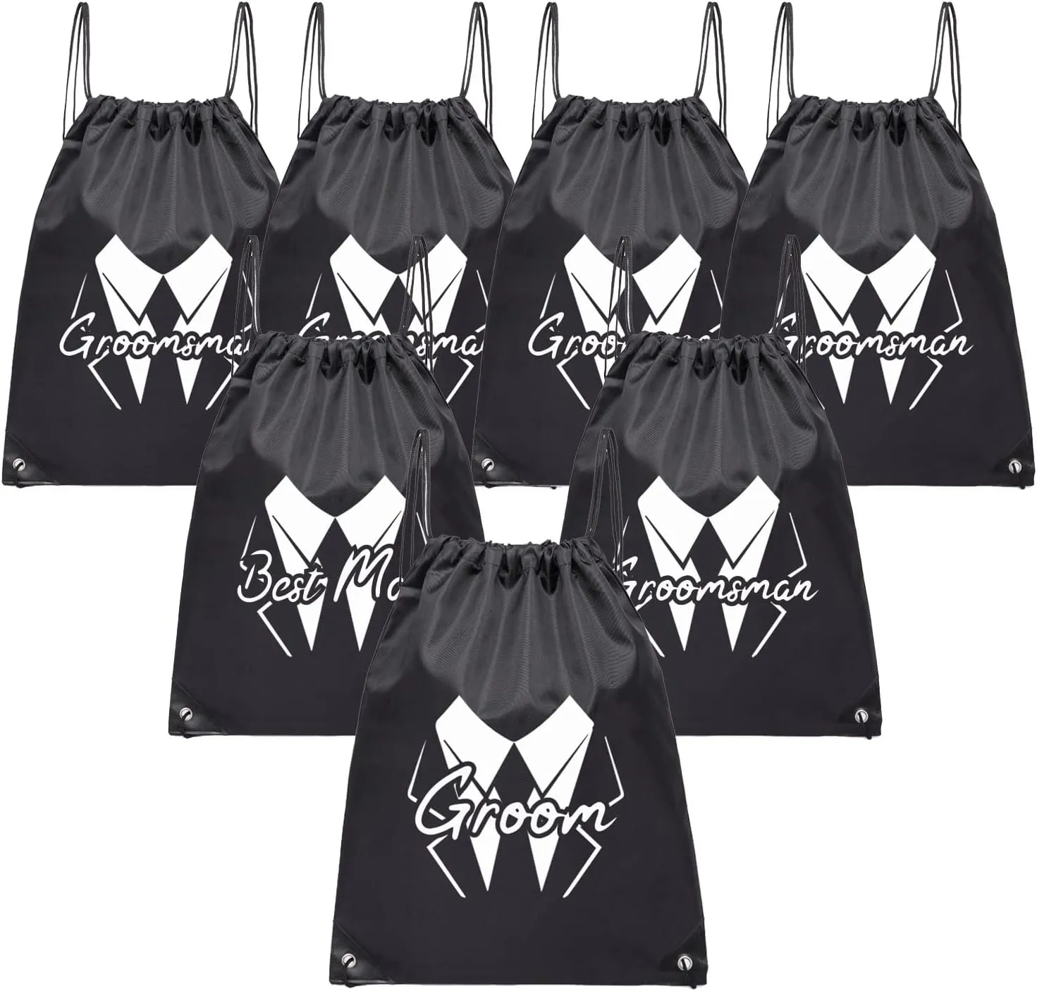 LADY&HOME 7 Pack Groomsman Proposal bags, Groom Crew Bag Set, Groomsmen Drawstring Bag for Bachelor Party(Suit Squiggle)