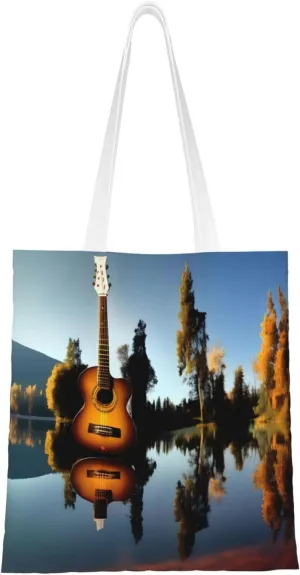 Lake Guitar Reflection Canvas Tote Bags For Women Handbag Tote Purse,Canvas Crossbody Bag For Office, Travel, School