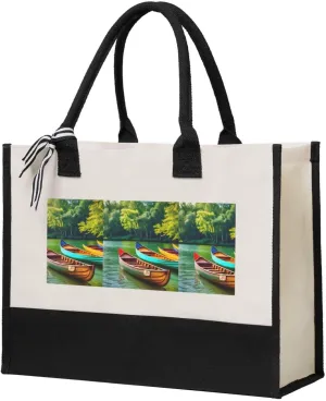 Lake with Boats Canoes Park print Canvas splicing present tote bag, beach handbag, grocery bag, travel work shopping bag