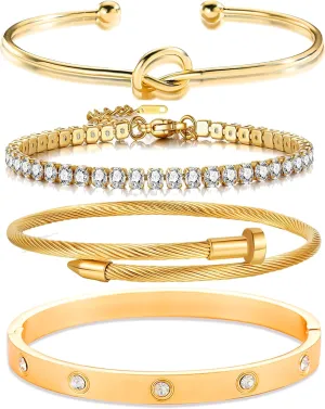 Lamdo 18K Nail Love Bangle Bracelet Set, Cubic Zircon Stacked Flexible Wide Wristband for Women - Gifts for Women's Day and Mother's Day