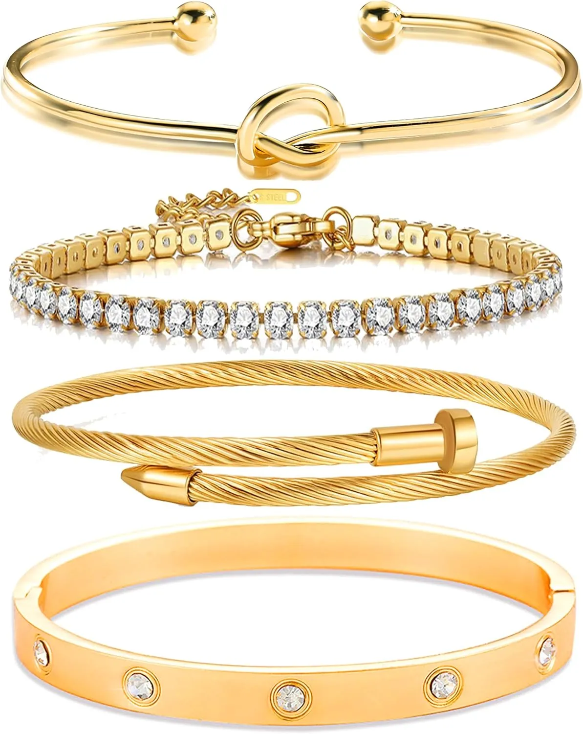 Lamdo 18K Nail Love Bangle Bracelet Set, Cubic Zircon Stacked Flexible Wide Wristband for Women - Gifts for Women's Day and Mother's Day