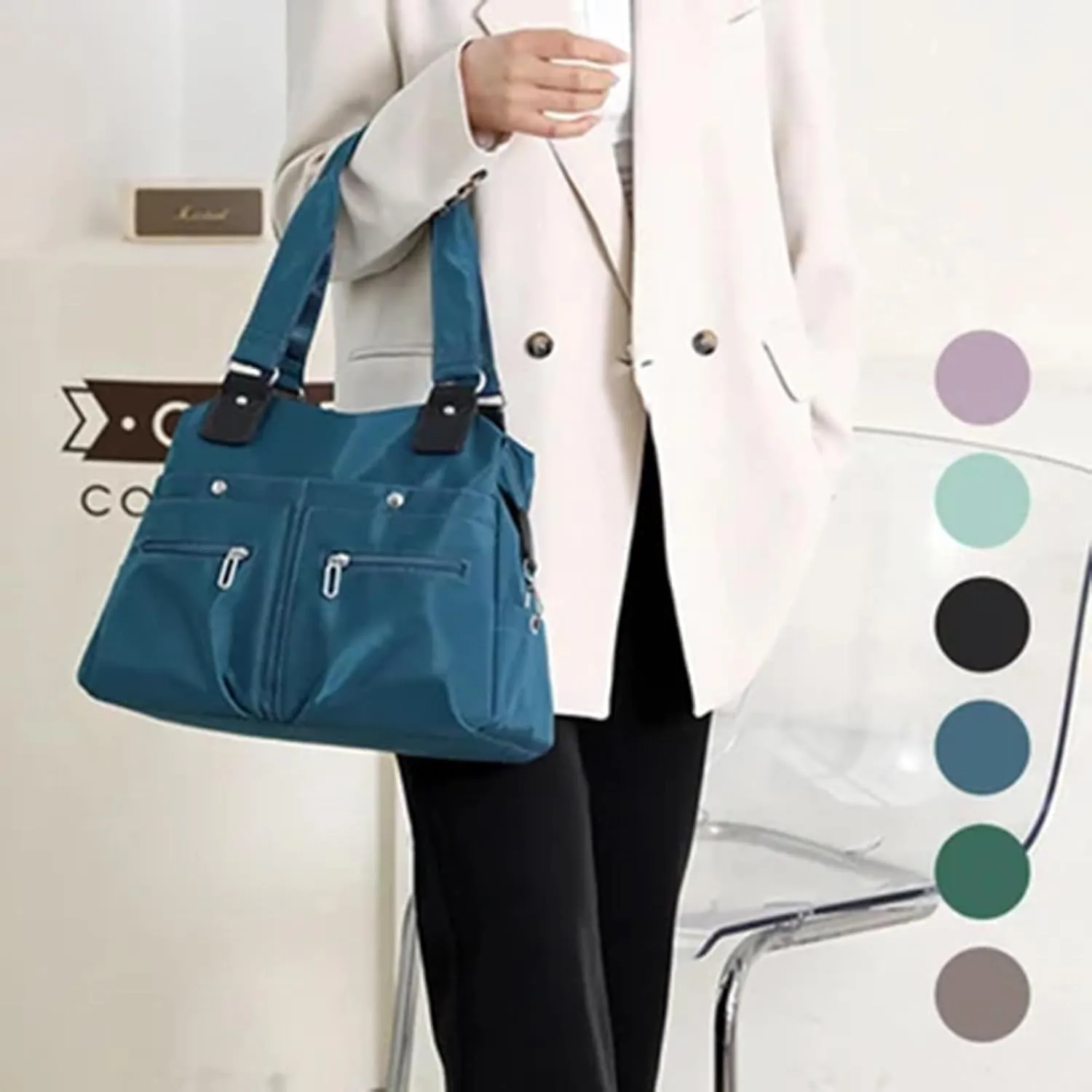 Langrents Nylon Tote Bag, Large Capacity Waterproof Multi Pocket Shoulder Bag, Stylish Nylon Tote Bag with multiple bags