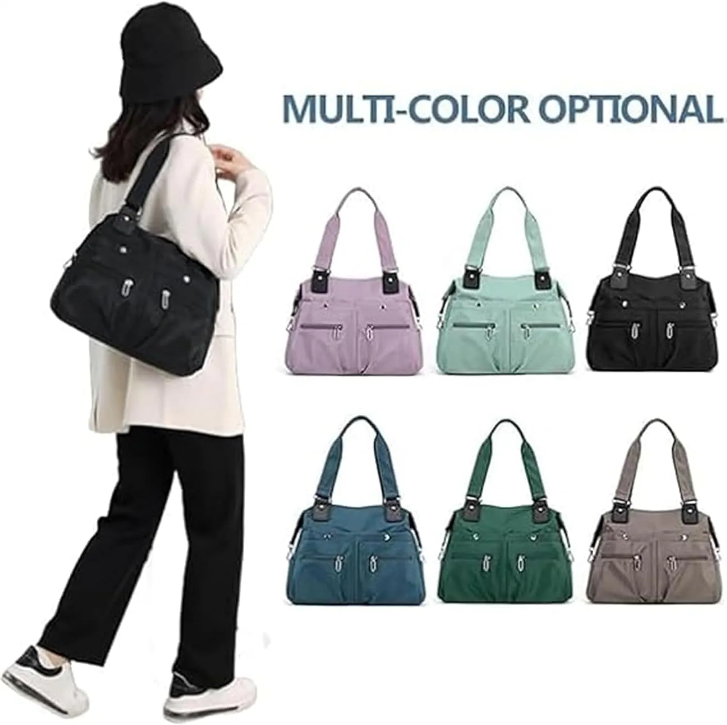 Langrents Nylon Tote Bag, Large Capacity Waterproof Multi Pocket Shoulder Bag, Stylish Nylon Tote Bag with multiple bags