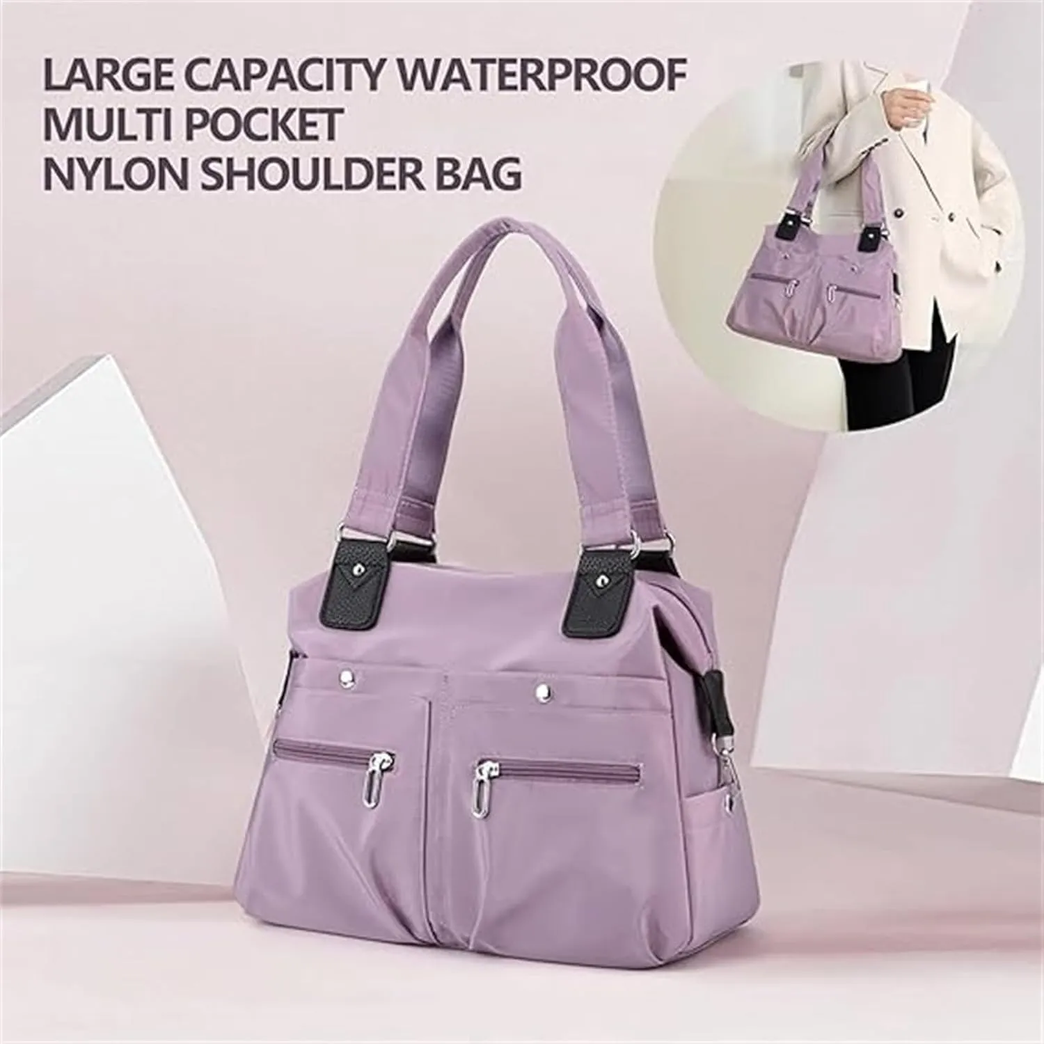Langrents Nylon Tote Bag, Large Capacity Waterproof Multi Pocket Shoulder Bag, Stylish Nylon Tote Bag with multiple bags