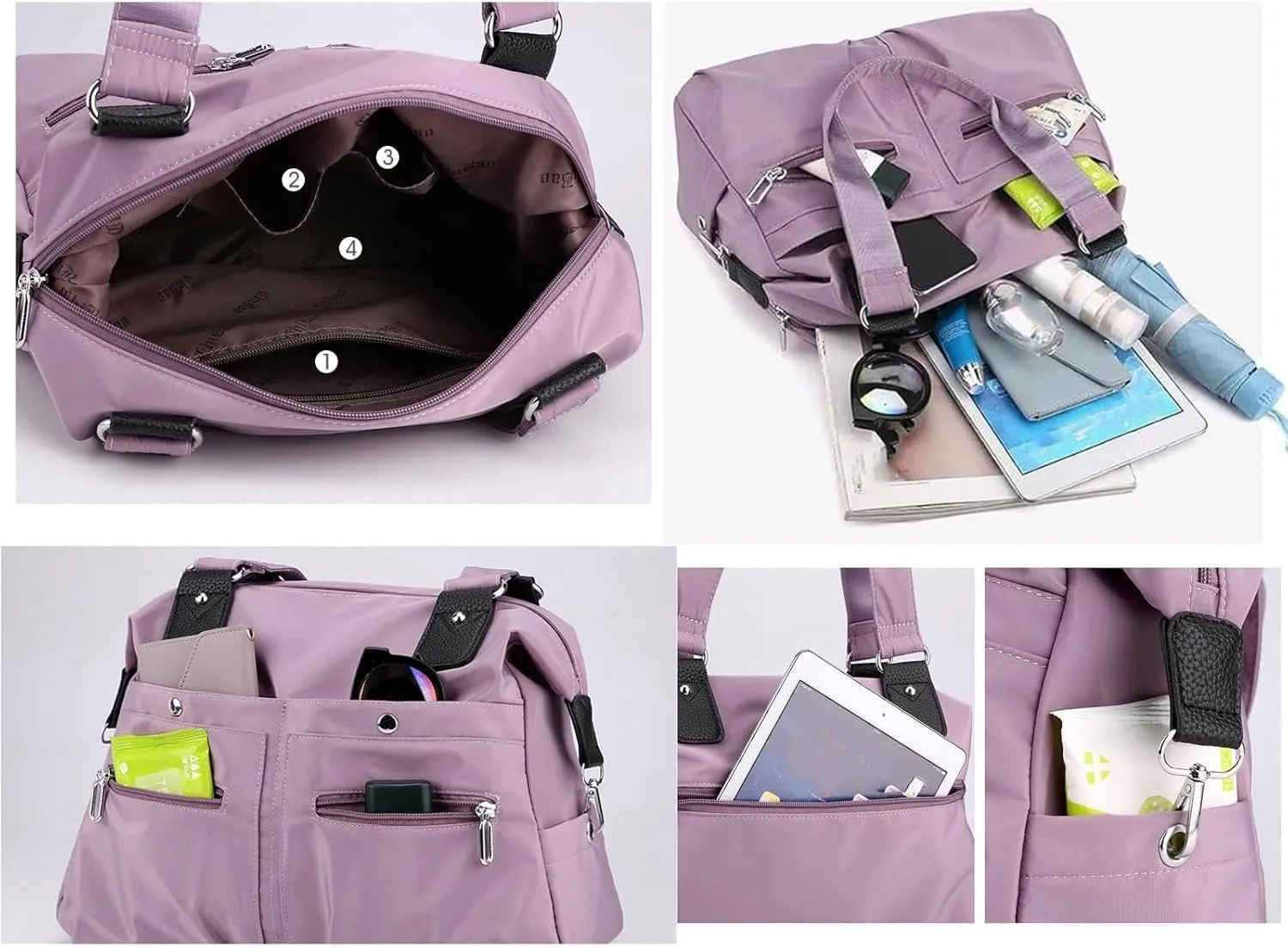 Langrents Nylon Tote Bag, Large Capacity Waterproof Multi Pocket Shoulder Bag, Stylish Nylon Tote Bag with multiple bags