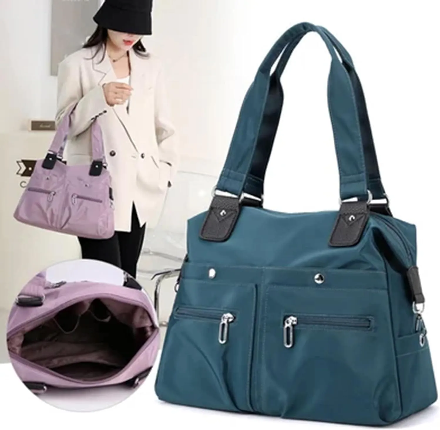Langrents Nylon Tote Bag, Large Capacity Waterproof Multi Pocket Shoulder Bag, Stylish Nylon Tote Bag with multiple bags