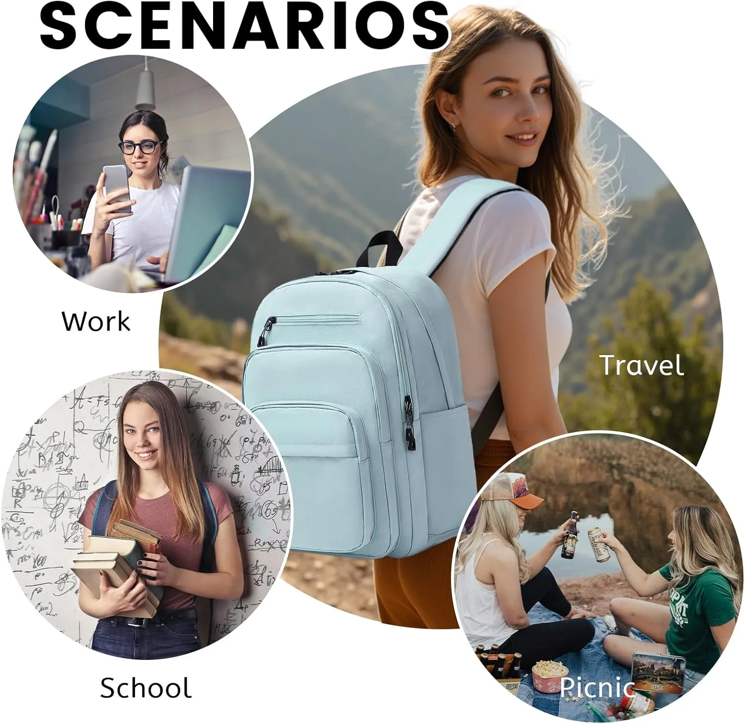Lanola Basic Multi-Pocket Multipurpose Backpack Classical Water Resistant Student Bookbag For School Business Travel or Casual Daypack Backpacks For Men Women - Blue