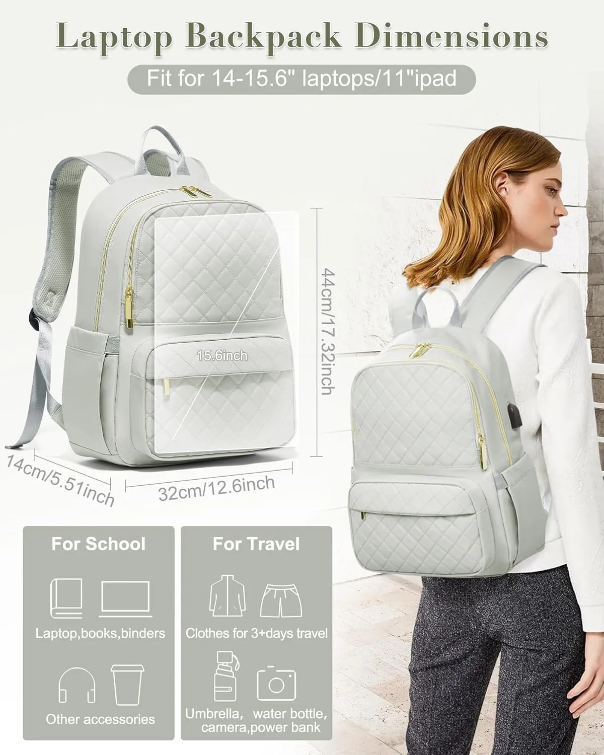 Laptop Backpack for Women Mens,Waterproof Work Business Bags College Backpack Laptop Computer Bag Travel Backpack Purse for College, Business,Travel Fits 15.6 Inch Laptop Grey