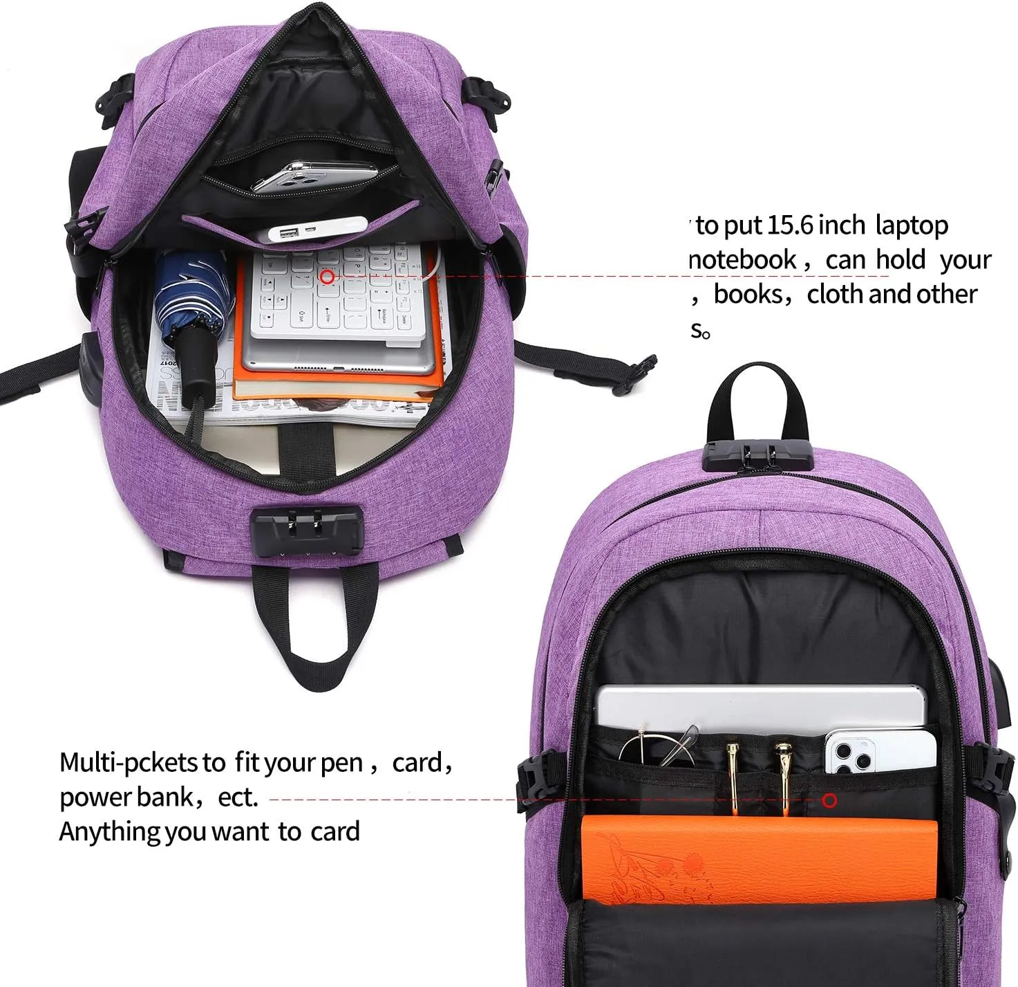 Laptop Backpack for Women,Business Backpack Anti-Theft Backpack with USB Charging Port and Lock 15.6 Inch Computer Backpacks for Women Men,Purple