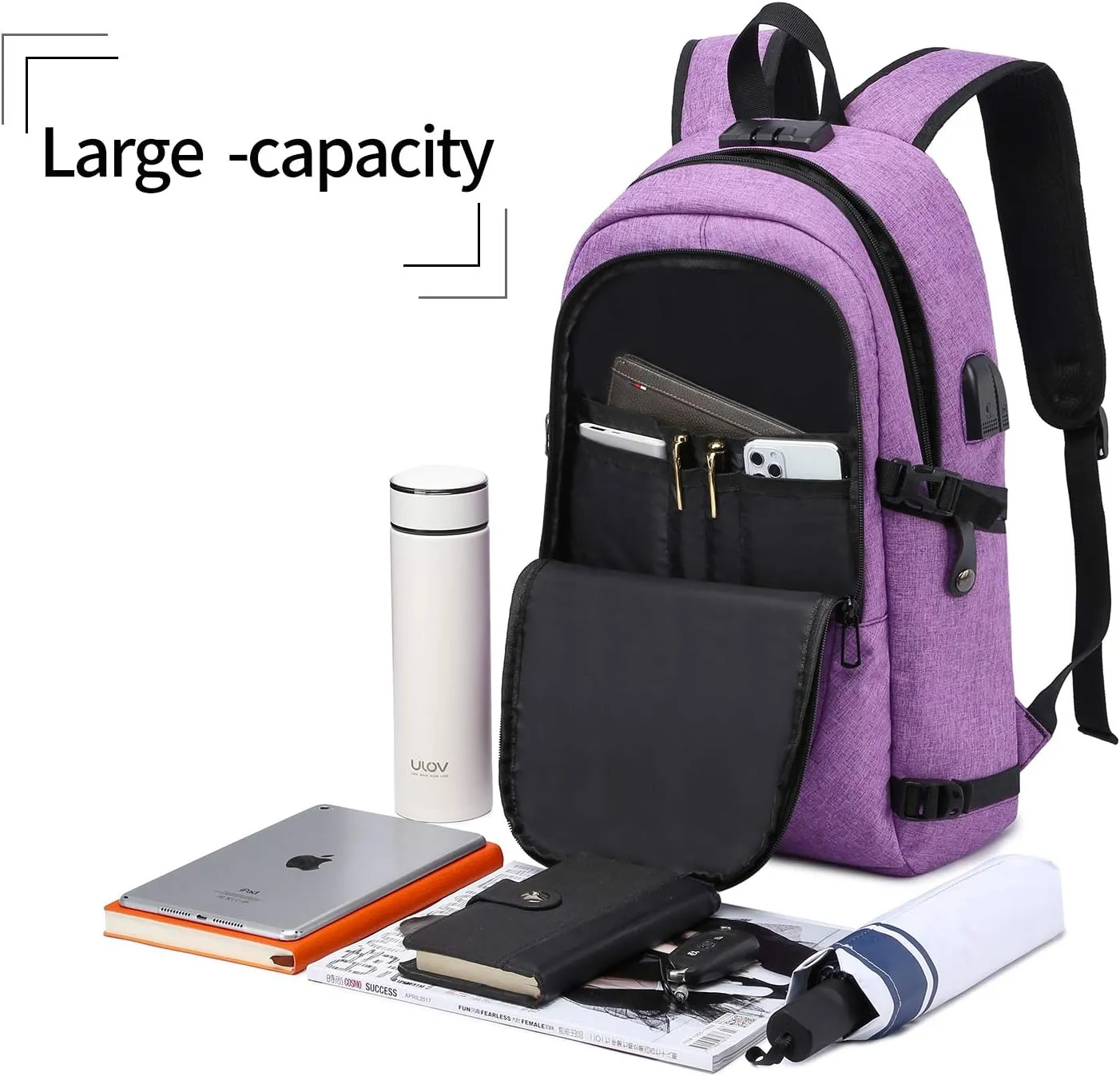 Laptop Backpack for Women,Business Backpack Anti-Theft Backpack with USB Charging Port and Lock 15.6 Inch Computer Backpacks for Women Men,Purple