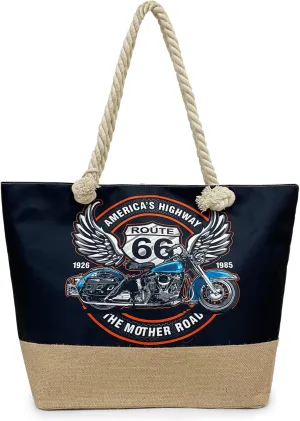 Large Beach Tote Bags for Women Vintage Route 66 Style Canvas Travel Tote Bag with Zipper Gift Shoulder Purses