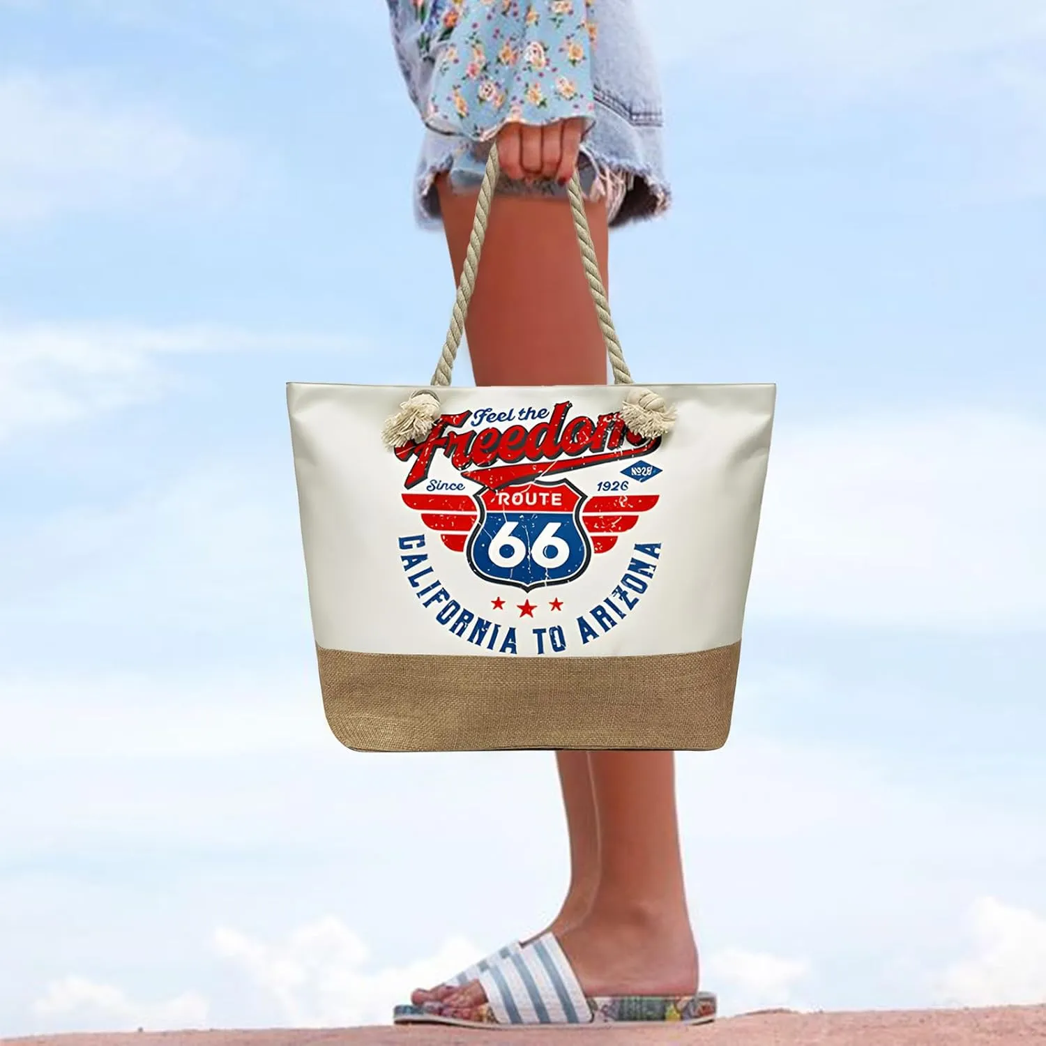 Large Beach Tote Bags for Women Vintage Route 66 Style Canvas Travel Tote Bag with Zipper Gift Shoulder Purses