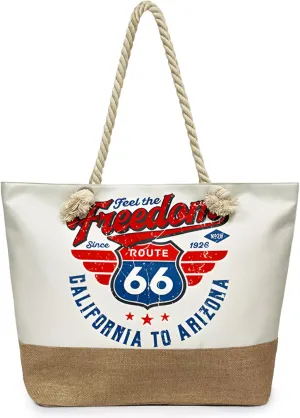 Large Beach Tote Bags for Women Vintage Route 66 Style Canvas Travel Tote Bag with Zipper Gift Shoulder Purses