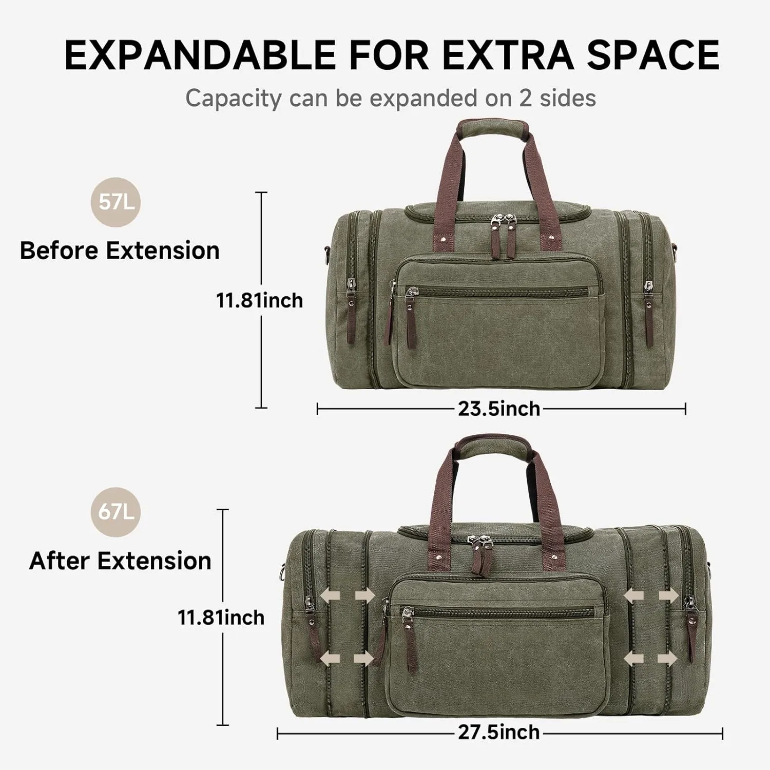 Large Canvas Travel Duffle Bag - Expandable to 67L, Durable Weekender for Men & Women - Ideal for Airplanes Travel, Gym, and Business(Olive)