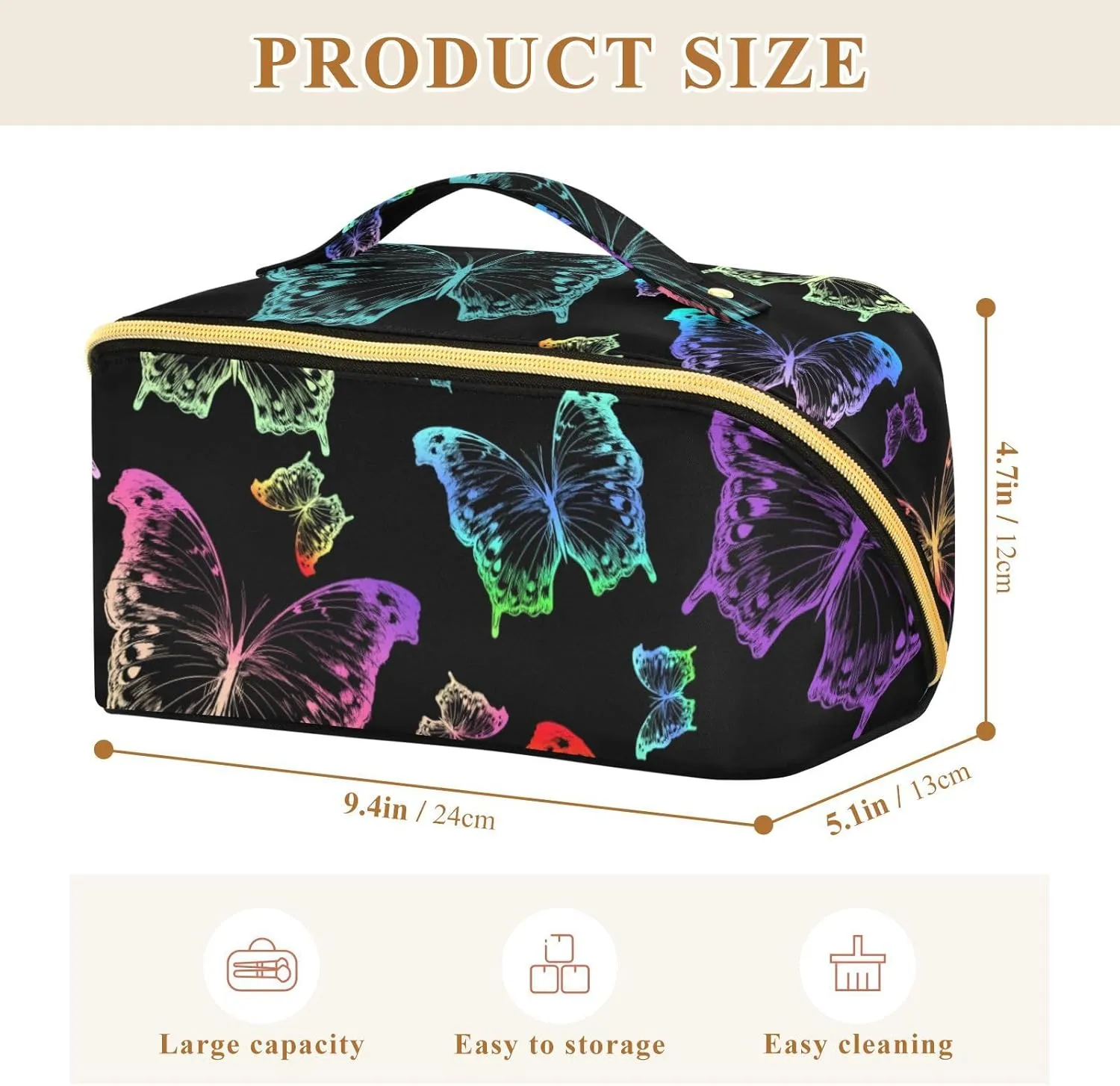 Large Capacity Cosmetic Bag Travel Makeup Bags Butterfly Wide Open Portable Toiletry Bag Make up Organizer Pouch with Handle