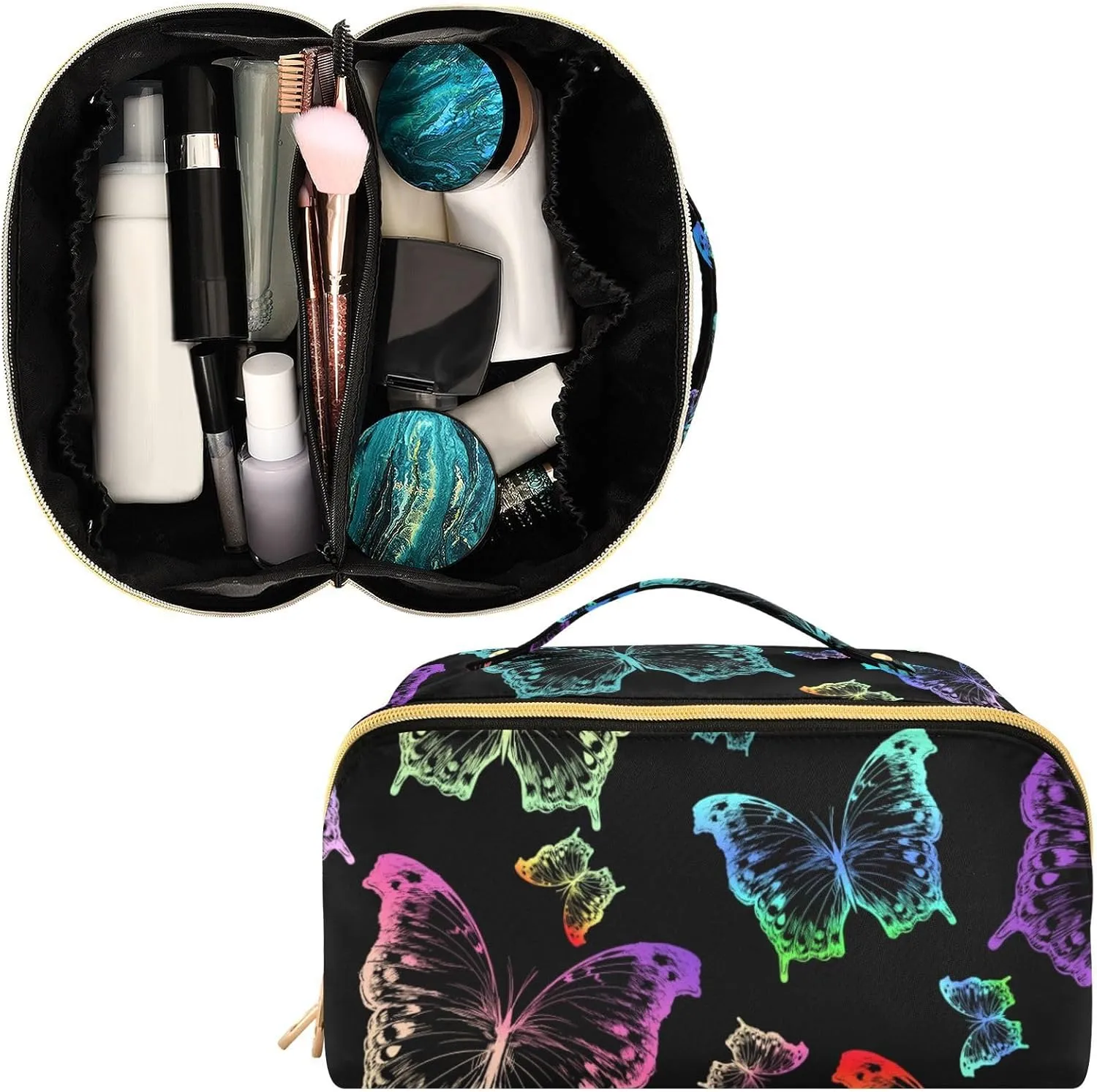 Large Capacity Cosmetic Bag Travel Makeup Bags Butterfly Wide Open Portable Toiletry Bag Make up Organizer Pouch with Handle