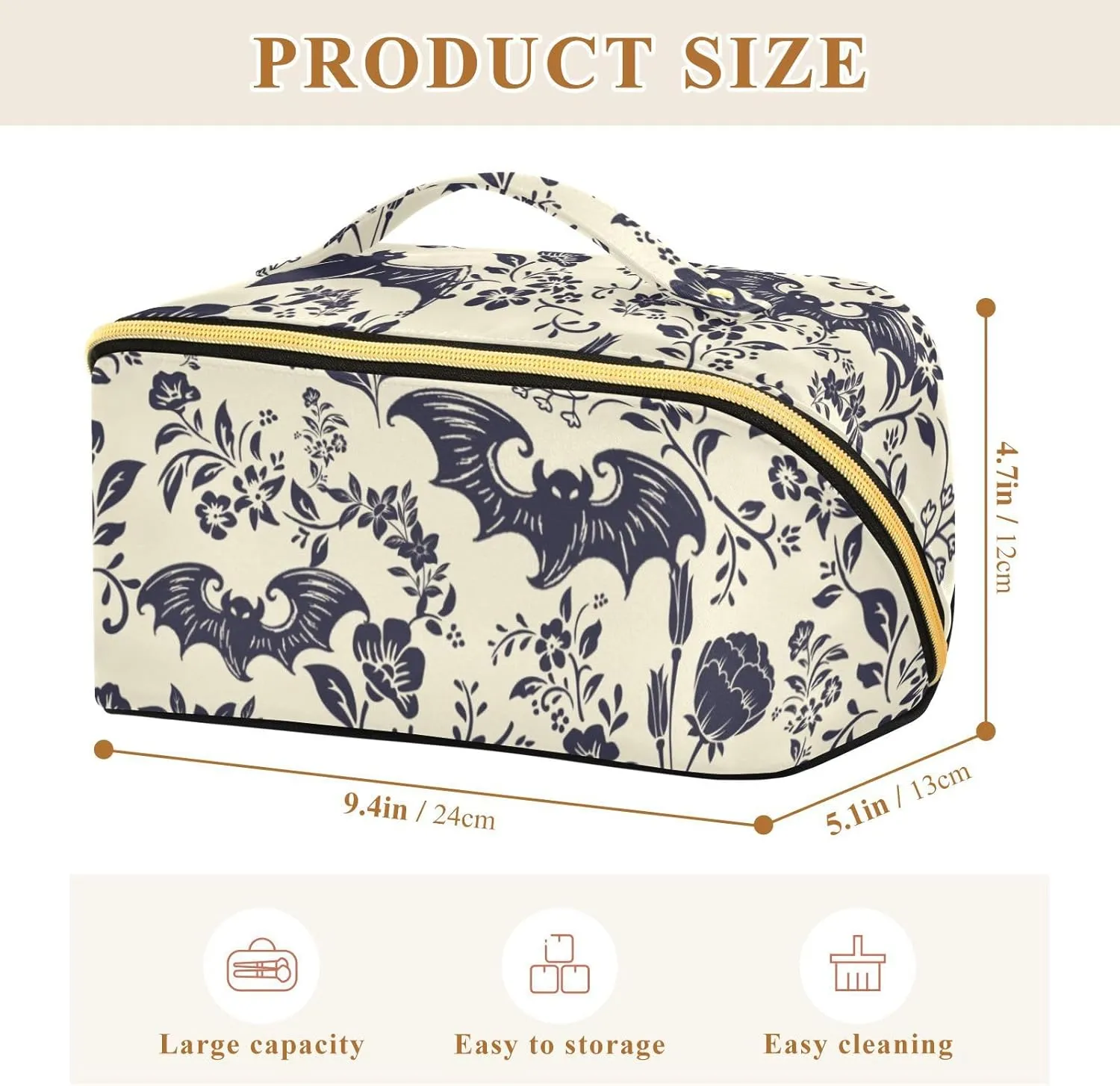 Large Capacity Cosmetic Bag Travel Makeup Bags Goth Bats Wide Open Portable Toiletry Bag Make up Organizer Pouch with Handle