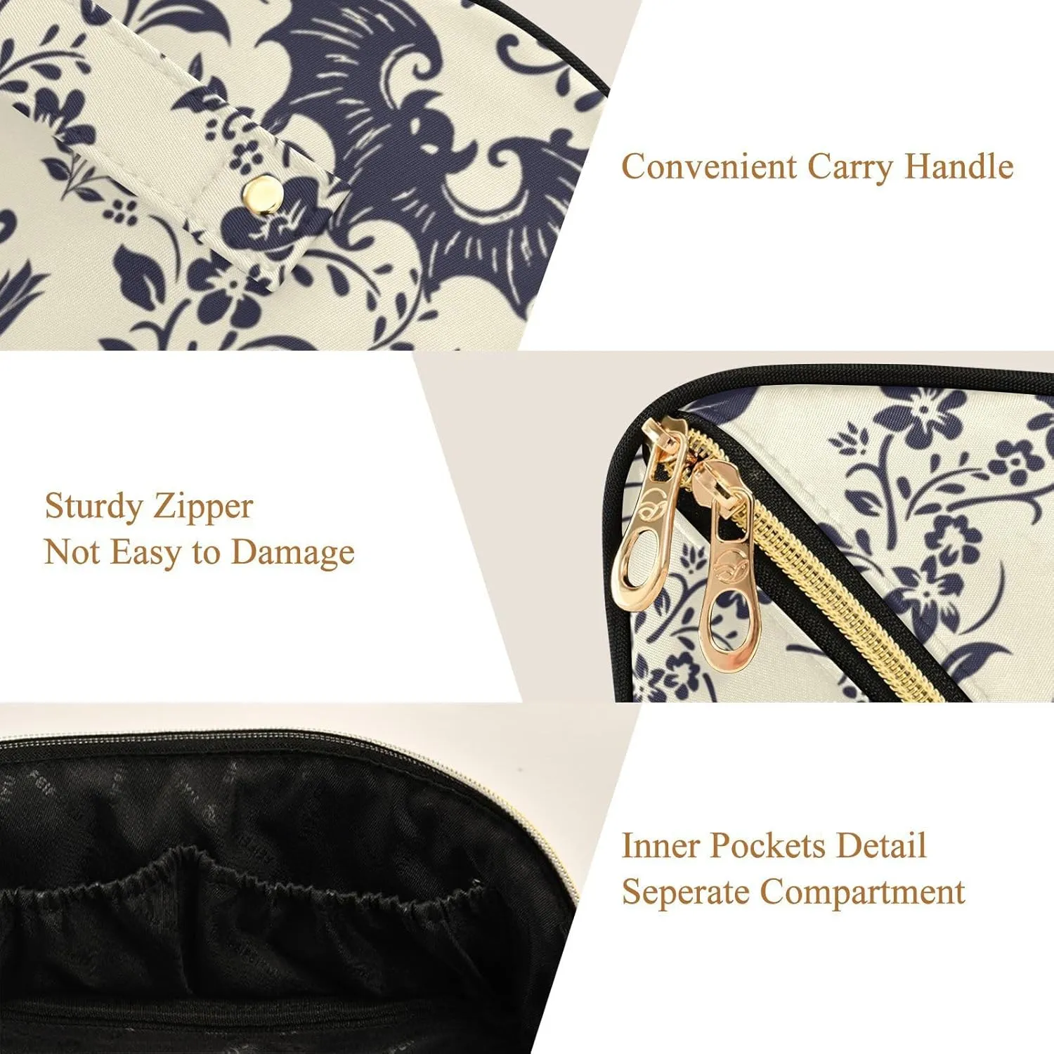 Large Capacity Cosmetic Bag Travel Makeup Bags Goth Bats Wide Open Portable Toiletry Bag Make up Organizer Pouch with Handle