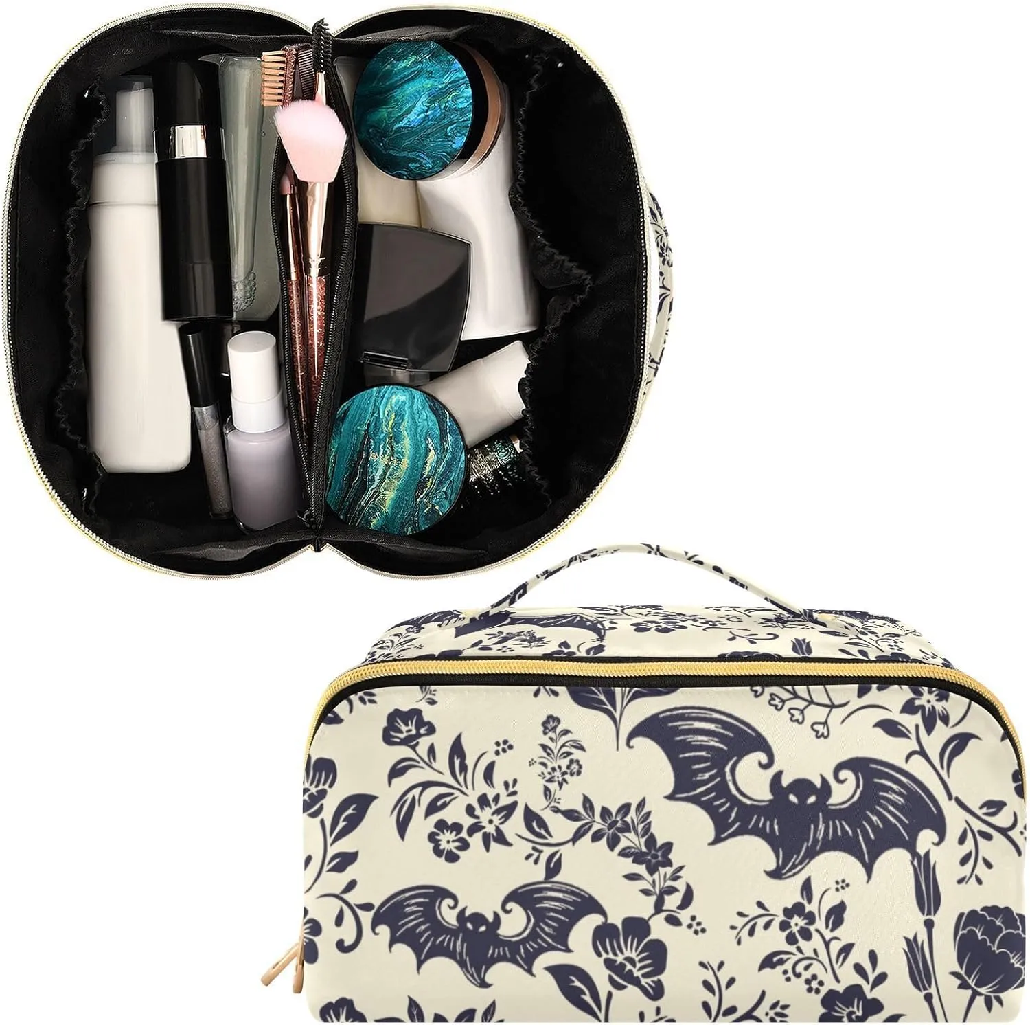 Large Capacity Cosmetic Bag Travel Makeup Bags Goth Bats Wide Open Portable Toiletry Bag Make up Organizer Pouch with Handle