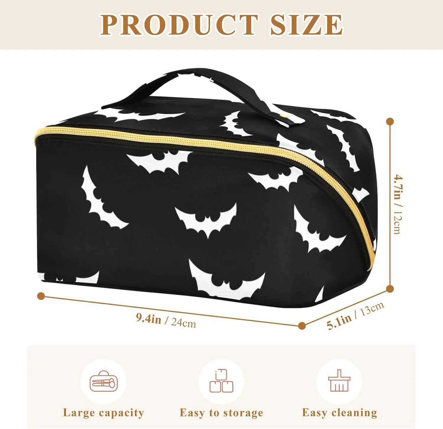 Large Capacity Cosmetic Bag Travel Makeup Bags Halloween Bat Gothic Wide Open Portable Toiletry Bag Make up Organizer Pouch with Handle