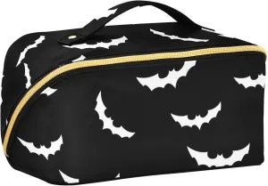Large Capacity Cosmetic Bag Travel Makeup Bags Halloween Bat Gothic Wide Open Portable Toiletry Bag Make up Organizer Pouch with Handle