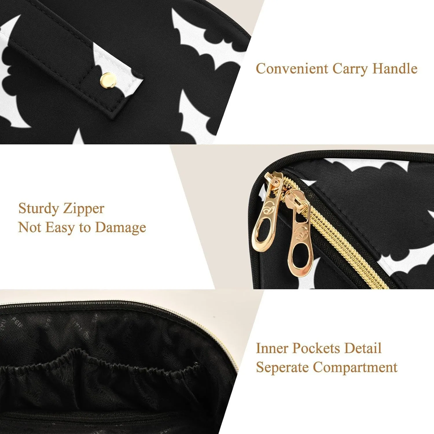 Large Capacity Cosmetic Bag Travel Makeup Bags Halloween Bat Gothic Wide Open Portable Toiletry Bag Make up Organizer Pouch with Handle