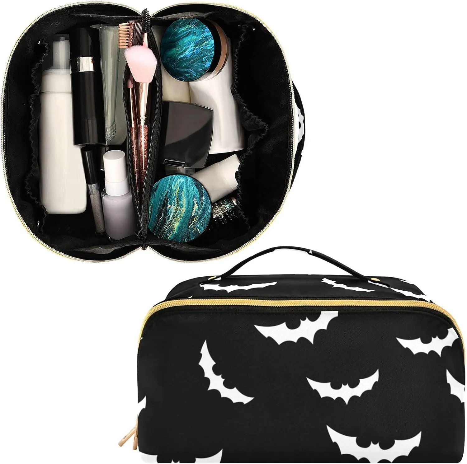 Large Capacity Cosmetic Bag Travel Makeup Bags Halloween Bat Gothic Wide Open Portable Toiletry Bag Make up Organizer Pouch with Handle