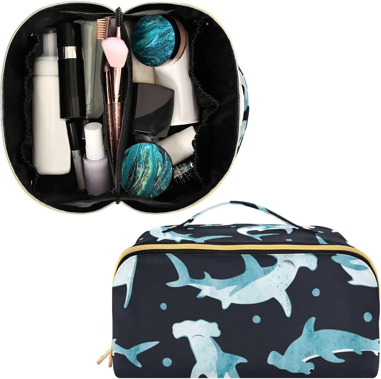 Large Capacity Cosmetic Bag Travel Makeup Bags Hammerhead Shark Wide Open Portable Toiletry Bag Make up Organizer Pouch with Handle