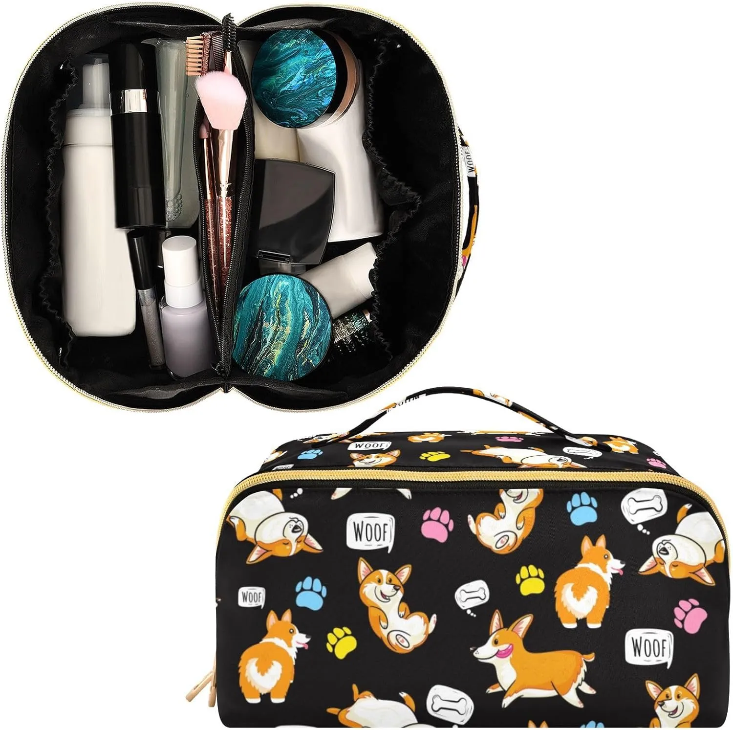 Large Capacity Cosmetic Bag Travel Makeup Bags Happy Corgi Wide Open Portable Toiletry Bag Make up Organizer Pouch with Handle