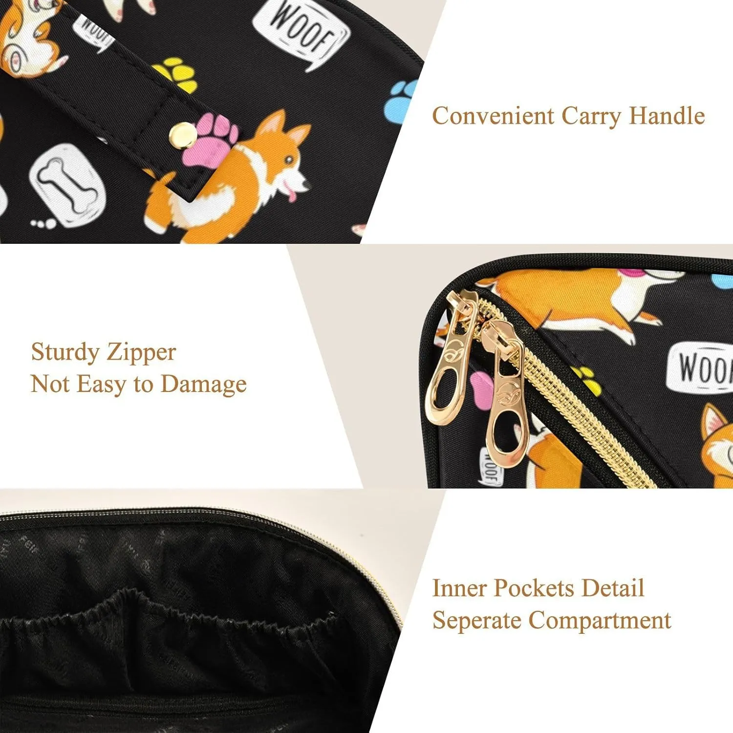 Large Capacity Cosmetic Bag Travel Makeup Bags Happy Corgi Wide Open Portable Toiletry Bag Make up Organizer Pouch with Handle