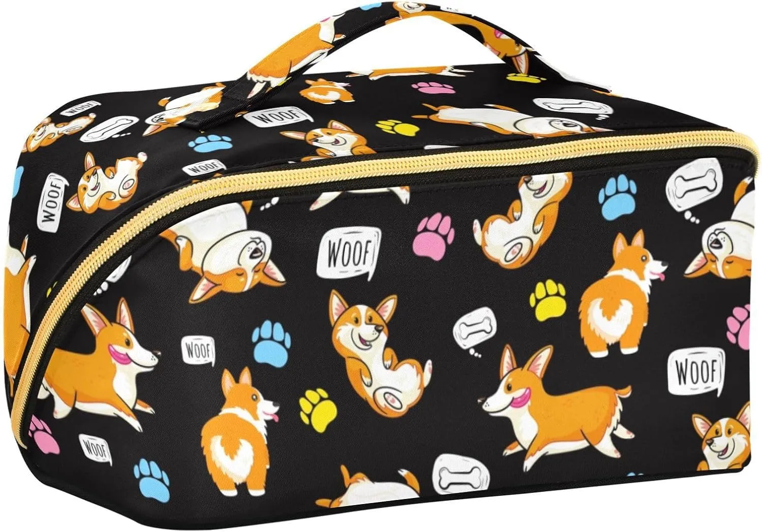 Large Capacity Cosmetic Bag Travel Makeup Bags Happy Corgi Wide Open Portable Toiletry Bag Make up Organizer Pouch with Handle