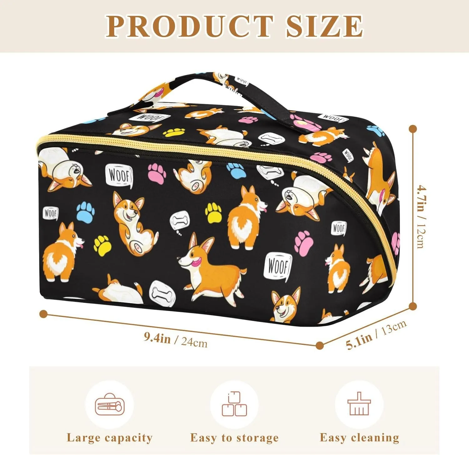 Large Capacity Cosmetic Bag Travel Makeup Bags Happy Corgi Wide Open Portable Toiletry Bag Make up Organizer Pouch with Handle